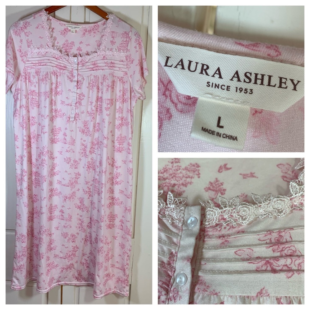 Laura Ashley‎ Pink Toile Floral Lace Trim Nightgown Sleepwear Large Feminine